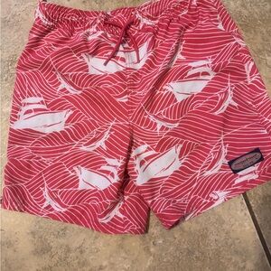 Vineyard Vines Red and White Kids Swim Trunks- boats & fish. Sz M